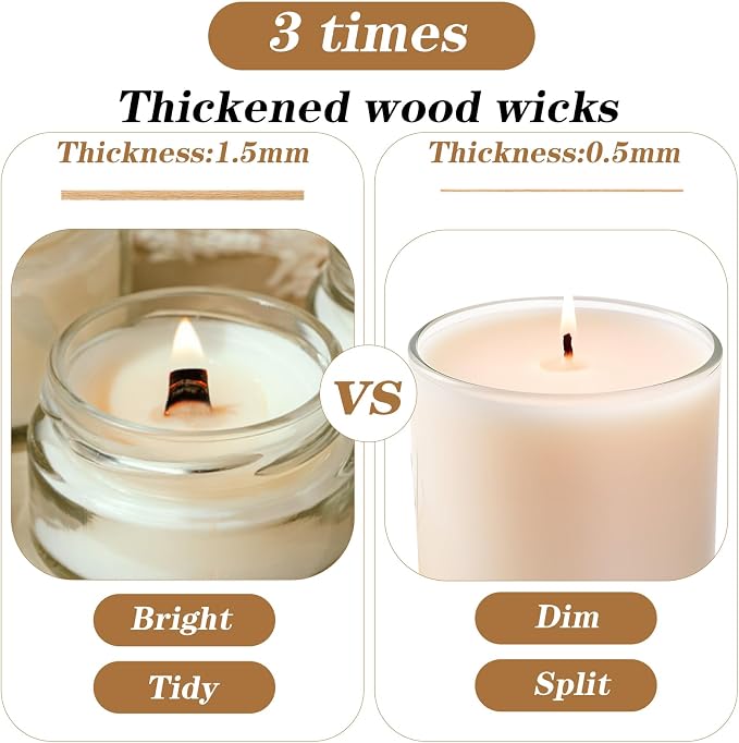 120pcs Natural Wood Wicks for Candle Making, Crackling Wooden Wicks with Metal Bases,5.1 "x 0.5" x0.02 Thin Crackling Wick for Soy Wax, Coconut Wax, Perfect for DIY Candle-Making, Long Lasting Flame