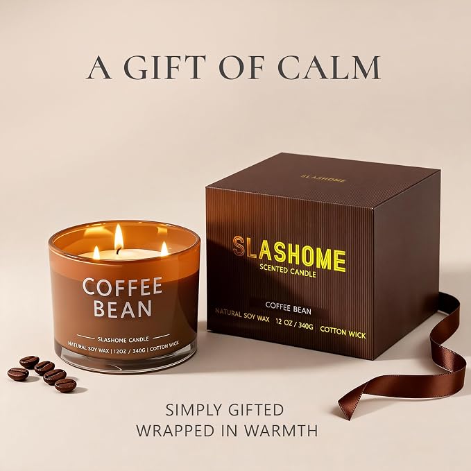 Coffee Bean Scented Candle, Luxury Large 3 Wick Soy Candle 12 Oz, 60+ Hour Long Lasting Clean Burn, Elegant Aromatherapy Home Decor, Housewarming & Birthday Gift for Men & Women