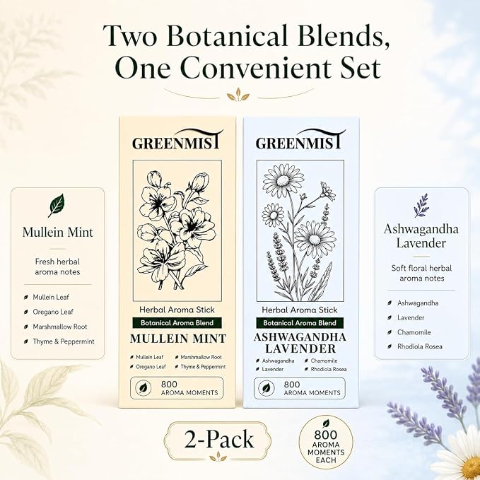 GreenMist Herbal Aroma Stick Combo Pack, Mullein Mint & Ashwagandha Lavender, Plant-Based Botanical Scent Accessory, Portable Silicone Stick, Yellow & Blue, 800 Aroma Moments Each, 2 Pack