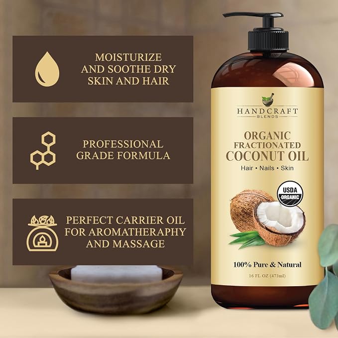 Handcraft Blends Organic Fractionated Coconut Oil | 100% Pure and Natural | Bath & Body Oil | Premium Grade Carrier Oil | Skin | Hair | Body | Massage | Hexane-Free | 16 Fl Oz