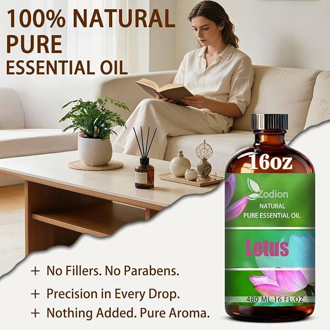 Lotus Essential Oil - Lotus Fragrance Oil for Diffuser, Massage, Humidifier, DIY Candle, Soap Making, Home, Bath, Yoga - 16 fl oz (480ml) - ZODION Essential Oil