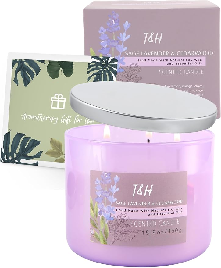 Sage Lavender Cedarwood 3-Wick Soy Candle, 15.8 oz Scented Candle for Home | Eucalyptus & Vanilla Notes, Aromatherapy Stress Relief, Highly Scented, Clean Burn, Bedroom & Bath, Gift for Women & Men