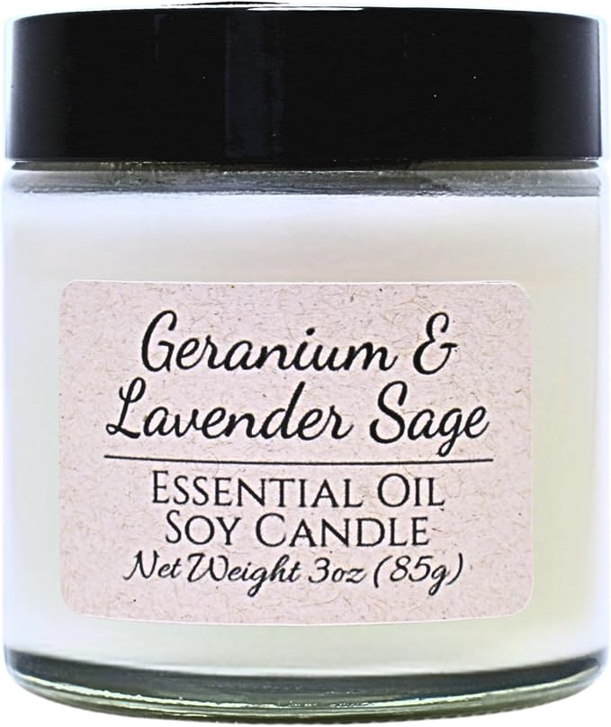 Geranium & Lavender Sage Essential Oil Candle 3 oz, Hand Crafted Pure Soy Wax Candle Wooden Wick, Dried Flowers, 23 Hour Burn Time, Natural Aromatherapy Glass Jar Candle with Lid by Lathered Artisan