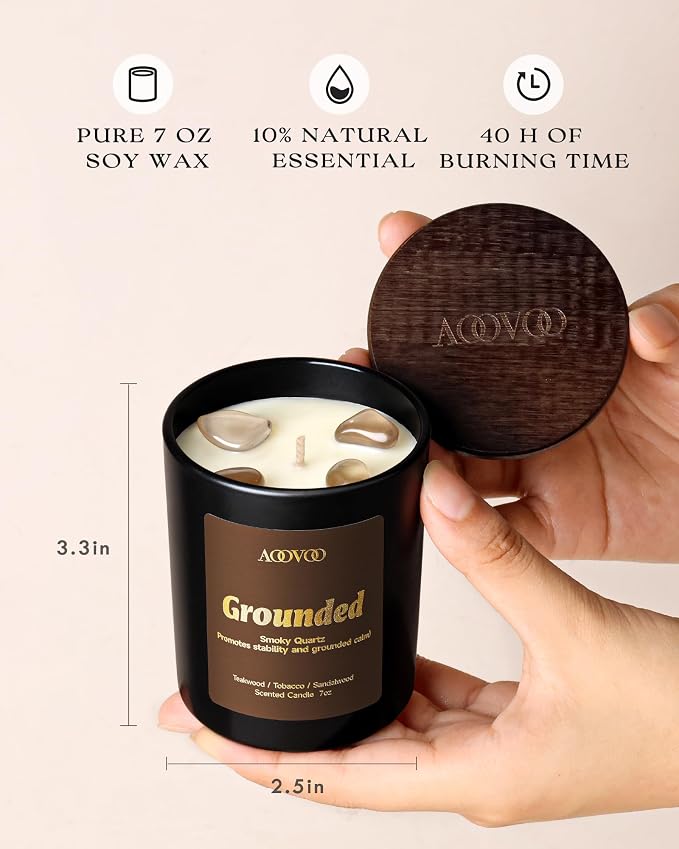 AOOVOO Crystal HEAL Candles Set - 4 Pack Candles for Home Scented, Aromatherapy Candle with Crystals, Resilient Obsidian/Focused Tiger's Eye/Courage Carnelian/Grounded Smoky Quartz