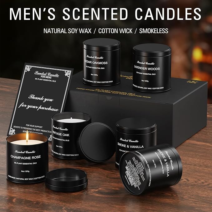 Scented Candles for Men - Candles Gifts for Men, Soy Wax, Cotton Wick, Birthday, Christmas, Anniversary Present, Valentine (6x8oz)