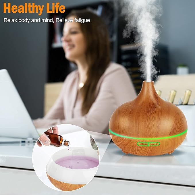Aroma Diffuser for Essential Oils，550ml Aromatherapy Diffuser Ultrasonic Cool Mist Humidifier for Home with 7 Light Colors, 4 Timer Setting, Waterless Auto Off