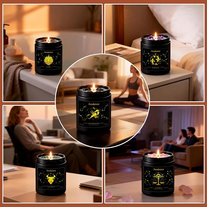 Taurus Birthday Gifts Candle | Zodiac Crystal Candles with Green Aventurine Healing Crystals - Balsamic Cedar Woody Scented Soy Candle, 7oz 50 Hour Burn, Unique Spiritual Astrology Gifts for Women Men