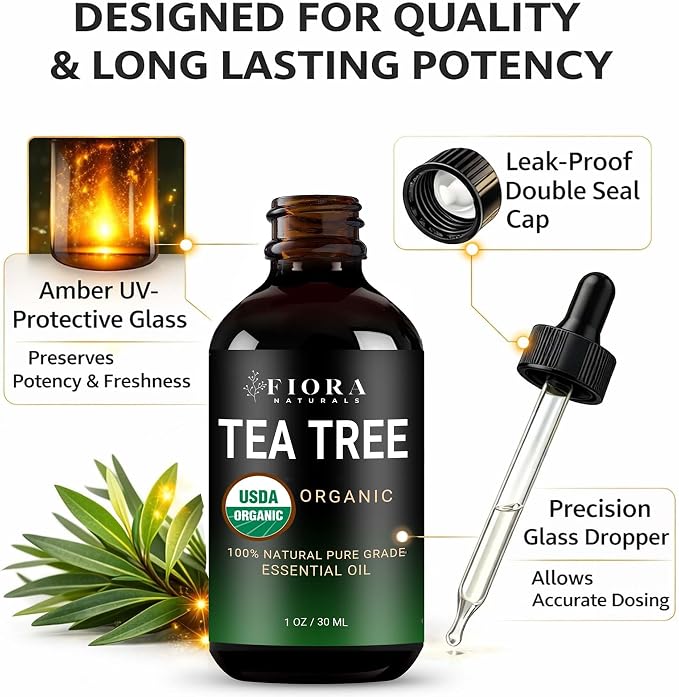 Tea Tree Oil – 100% Pure Organic Tea Tree Essential Oil for Skin, Face, Hair, Scalp, Nails, and Toenail – 1 fl oz - By Fiora Naturals