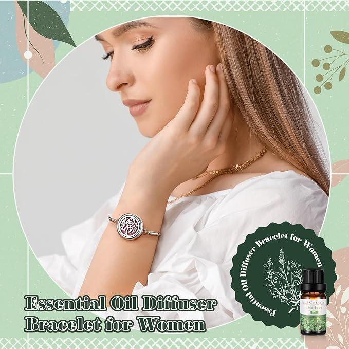 Liliaafar Aromatherapy Essential Oil Diffuser Bracelet with 8 Pcs Refill Pads and 4 Tea Tree Lavender Lemongrass Peppermint for Teacher Employee Women Ister Wife Birthday Favor Gifts
