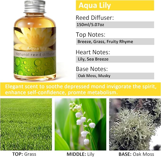 Reed Diffuser Set, Home Fragrance & Decorative Diffuser, Dried Flower Aromatherapy Oil Set, Oil Diffuser Sticks, Ceramic Bottle 5.07 oz(150ml) /1 Pack (Aqua Lily)