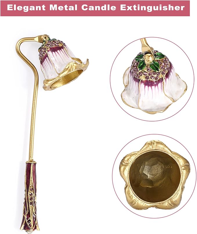 OwnMy Candle Snuffer Decorative Metal Candle Extinguisher with Long Handle, Vintage Candle Flame Snuffer and Wick Trimmer Tool, Elegant Candles Care Accessory Kit, White+Purple