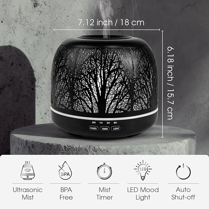 ARVIDSSON 500ml Essential Oil Diffuser, Metal Diffusers for Essential Oils, Aromatherapy Diffuser for Large Room, Color Mood Light & Mist Timer Setting, Gift for Women - Black Tree