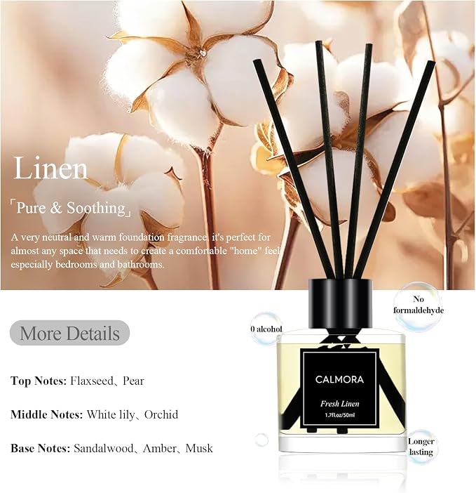 CALMORA Reed Diffuser Set of 3, 50ml Fresh Linen/Eucalyptus & Mint/Ocean Scented Oil Diffuser with 15 Sticks | Home Fragrance for Bedroom, Bathroom, Office & Living Room