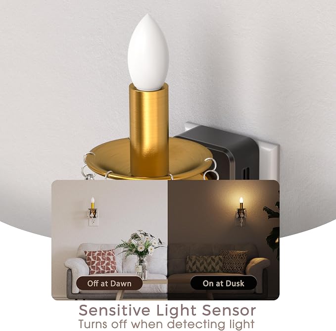 Chandelier Night Lights Plug into Wall, LED Warm Night Light with Dusk to Dawn Sensor, 0-100LM Dimmable, Decorative Gold Candle-Style Nightlight for Bedroom, Bathroom, Hallway, Stairway, 2 Pack