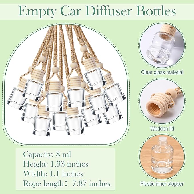 Boao 50 Sets Hanging Car Air Freshener Diffuser Bottles with 2 x 3.54 Inch Car Diffuser Instructions Cards for Empty Essential Oil Bottles(White Card,Cylindrical)