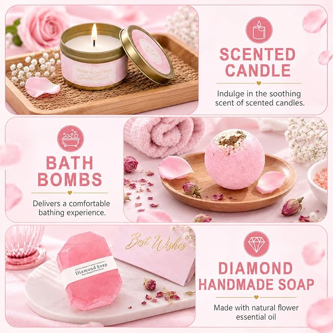 gisgfim 14Pcs Birthday Gifts for Women Spa Gift Basket Set Relaxing Home Products Self Care Kit Includes Mirror Socks Steamers Bath Robe for Women Mother's Day Her Friend Sister Wife Grandma (Pink)