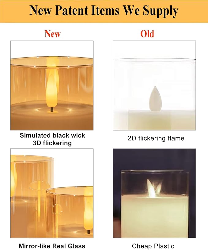 ANGELLOONG Gold Candles for Bathroom Decor, Glass Flameless Candles with Remote, Battery Operated LED Pillar Fake Candles with Timer for Christmas Home Fireplace Mantle Fall Decor