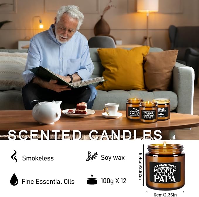Gift for Dad, 12-Pack 3.5 oz Scented Candles – Fathers Day Christmas Birthday Gifts from Daughter Son, Soy Wax Candles with Heartfelt Messages, Smokeless Long-Lasting for Papa Husband Grandpa