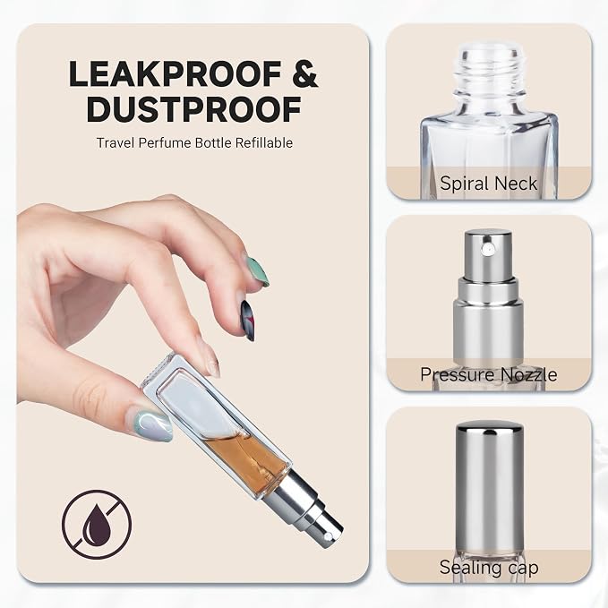 Perfume Travel Refillable Atomizer, 5 Pack 10ml Leak Proof Refillable Perfume Bottle for Air Travel, Purse and Business Trips, Glass Atomizer Sprayer for Cologne with Funnel & Pipette