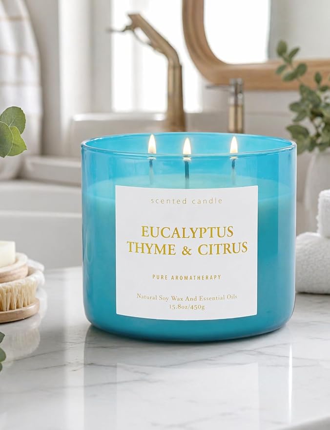 Eucalyptus Thyme Citrus Candle | 3-Wick Large Scented Soy Candle 15.8 oz | Aromatherapy Stress Relief Candles | Relaxing Herbal Spa Scent | Long Lasting Clean Burn