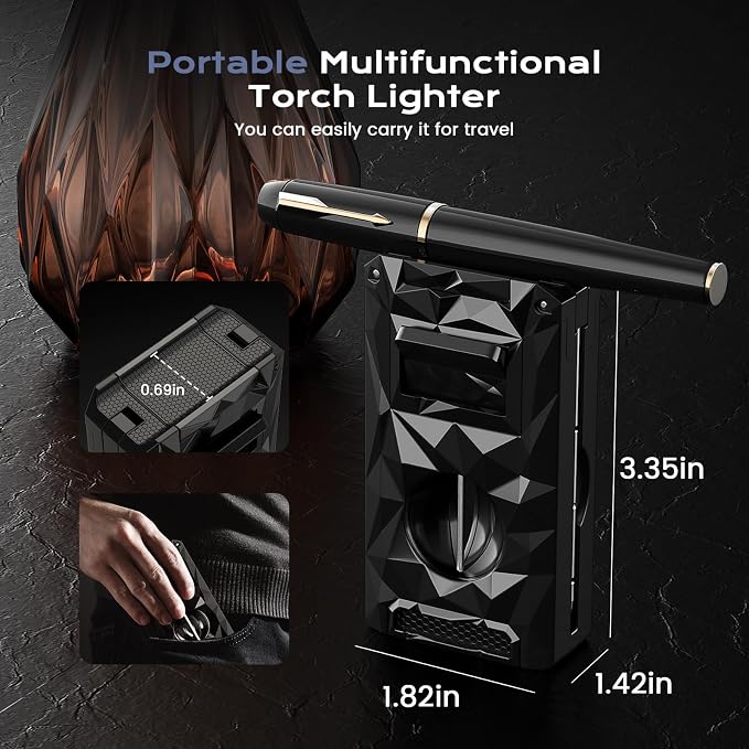 5-in-1 Windproof Lighter with Punch, Draw Enhancer, Holder, Triple Jet Flames and Tool, Butane Torch Lighter, Versatile Accessories for Travel, Candle, Lighter Gifts for Men (Without Butane)