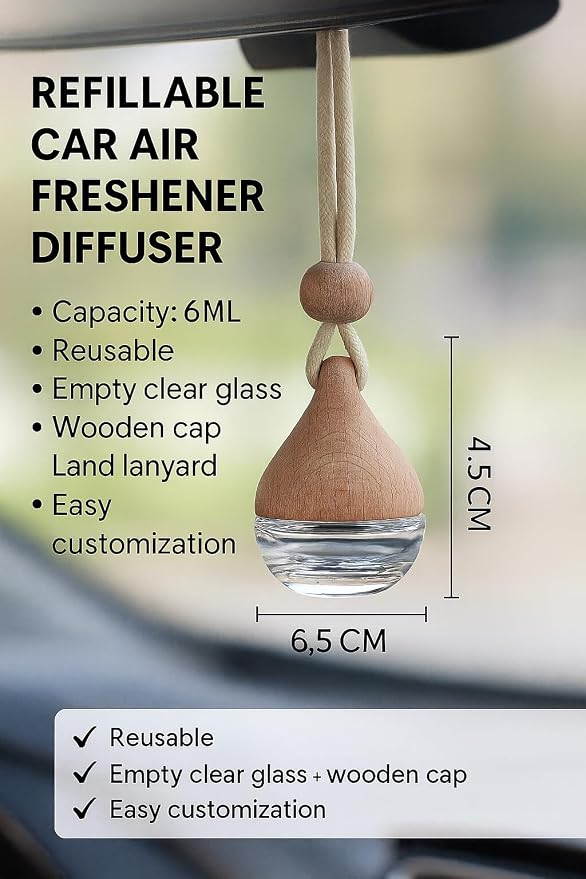 3 Pcs Hanging Car Air Freshener Diffuser Bottles – 6ml Refillable Essential Oil Aromatherapy Perfume Pendant, Clear Empty Glass with Wooden Cap & String for Vehicle Decoration, Closet Fragrance