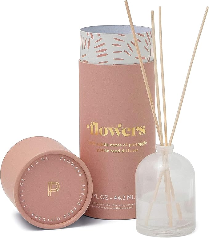 Paddywax Petite Reed Diffuser Set with Wooden Reeds, 720 Hour Long Lasting Home Fragrance Oil Diffuser, Decorative Milky Glass Bottle, Flowers Scent, White, 1.5 oz