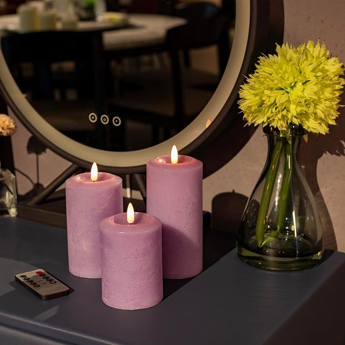 ANGELLOONG Purple LED Candle with Timer, Real Wax Flameless Pillar Candles with Remote, Set of 3 Flickering Electric Battery Operated Candles for Home Decor Halloween Christmas Decoration