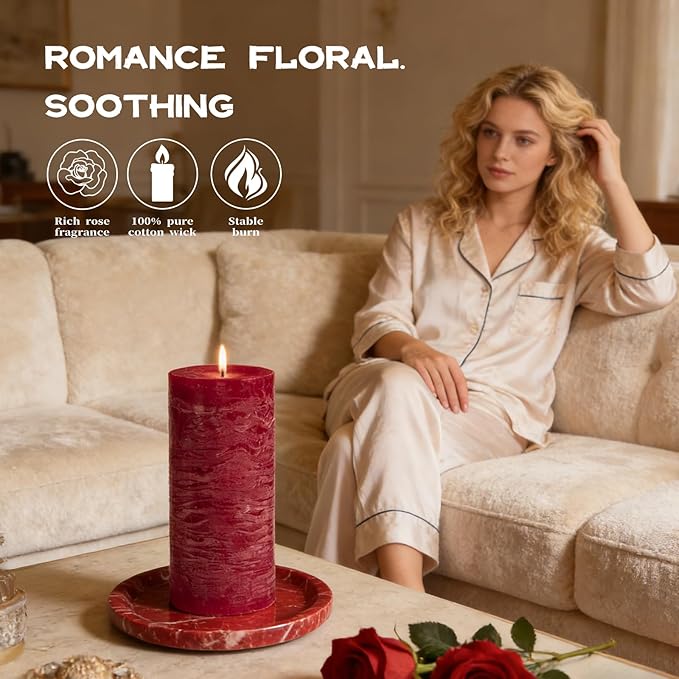 Romantic Rose Scented Pillar Candle - 2.8x6 Inch, 75-Hour Burn, Textured Red Rose Scented Candle for Women, Natural Aromatherapy Candle for Home, Gifts for Women, Valentine's & Romantic Decor