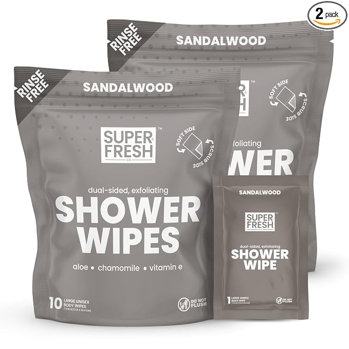 Super Fresh Shower Body Wipes, Travel Essentials for Camping, Large Sandalwood Wipes for Adults, Women, Men, Kids Personal Hygiene Cloth Enriched with Aloe and Vitamin E, Individually Wrapped 20 Pack