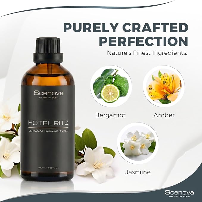 Hotel Ritz Diffuser Oil, Bergamont, Jasmine, Amber, Luxury Hotel Inspired,100ml 3.3 Fl Oz. Max Concentration, IFRA Certified Aromatherapy. Child and Pet Safe