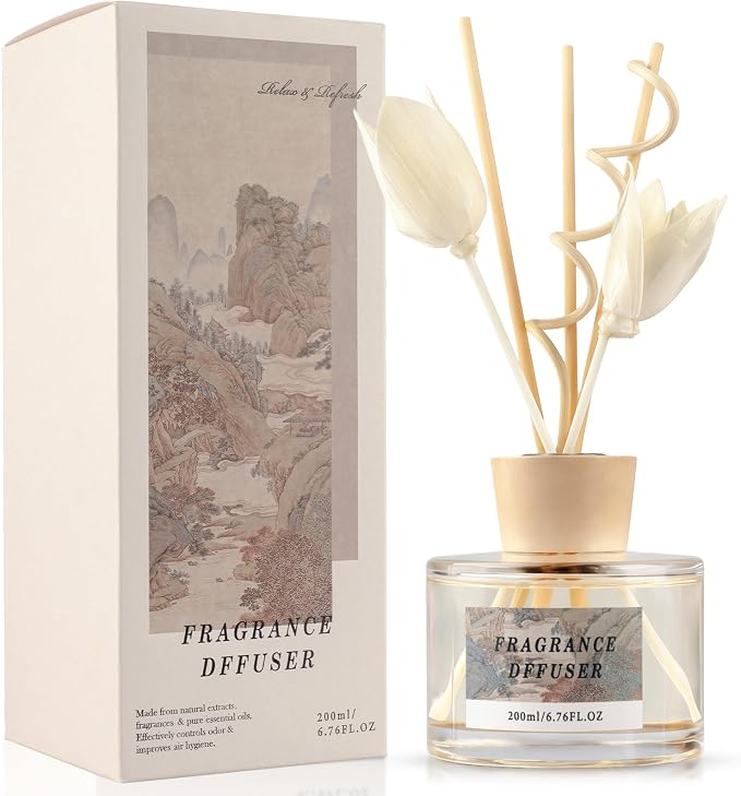 6.7 fl oz Reed Diffuser Set, Floating Cloud Tea Aroma Scent, Essential Oil Diffuser with Reed Sticks, Air Freshener for Home Fragrance, Bathroom Decor, Bedroom, Office Shelf Décor (200ml)