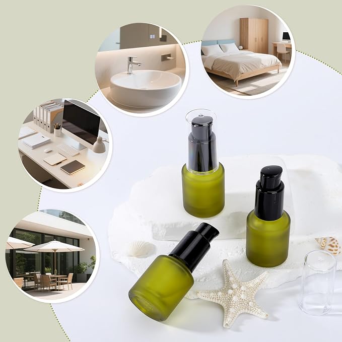 Segbeauty 0.5oz Frosted Glass Travel Size Containers for Lotions, 3pcs Mini Empty Lotion Bottles Pump Dispenser Refillable, 15ml Green Travel Containers for Creams, Small Hair Oil Pump Bottle Liquids