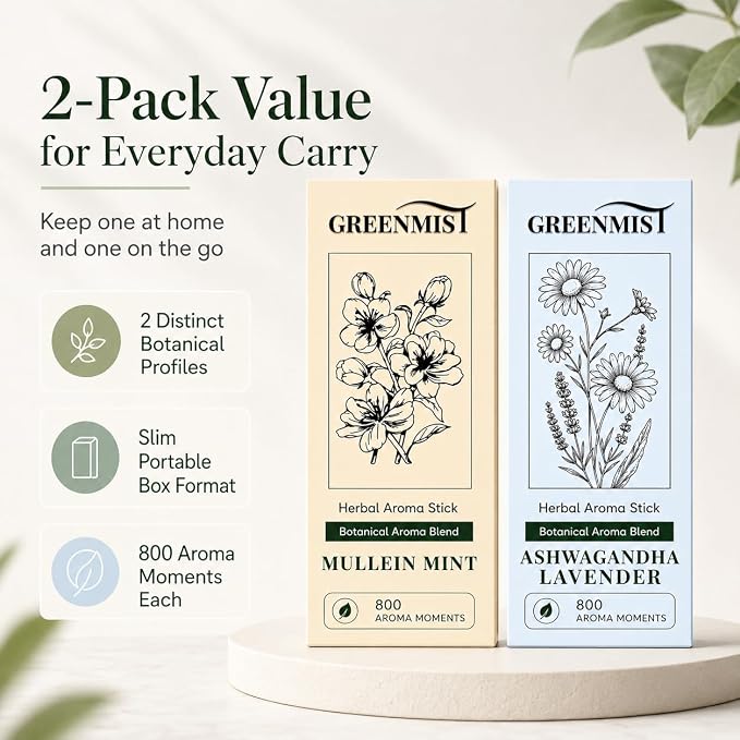 GreenMist Herbal Aroma Stick Combo Pack, Mullein Mint & Ashwagandha Lavender, Plant-Based Botanical Scent Accessory, Portable Silicone Stick, Yellow & Blue, 800 Aroma Moments Each, 2 Pack