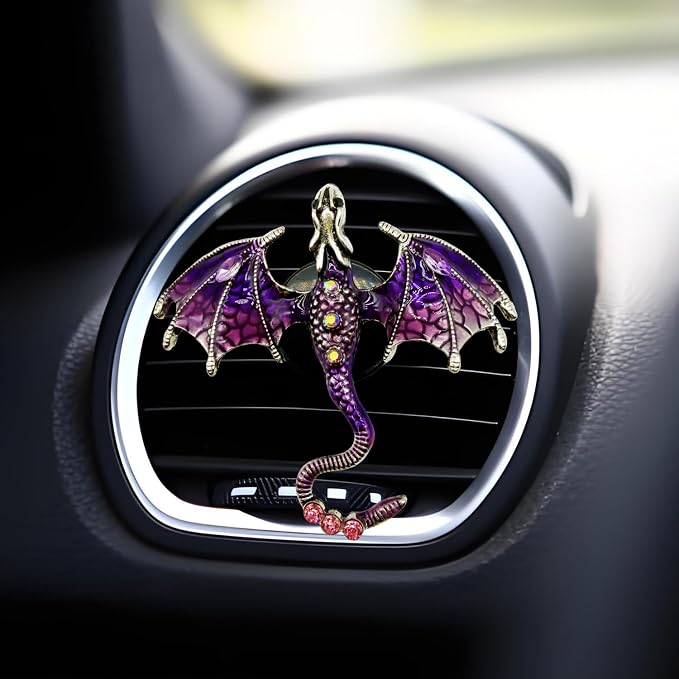 2 Pcs Bling Dragon Car Air Freshener Vent Clips, Crystal Rhinestone and Enamel Dragon Air Vent Clips Car Diffuser Cute Car Interior Decoration Accessories for Women Gift (Green Purple)