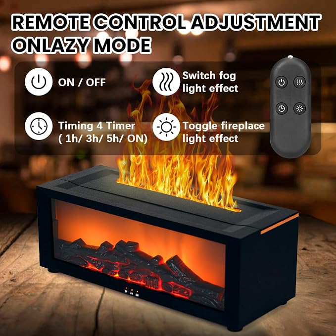 Fireplace Humidifier Diffuser, 7 Colors Flame Diffuser for Essential Oils, Fire Aroma Diffuser with Remote, Ultrasonic Air Humidifiers Aromatherapy Diffuser with Timer for Home, Bedroom, Office, Yoga