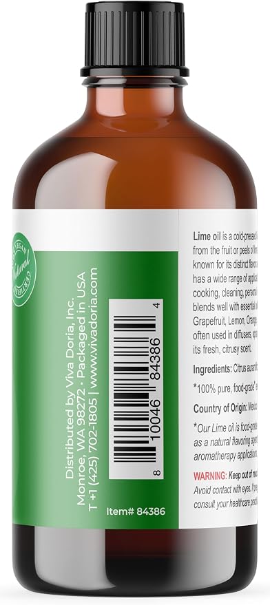 Viva Doria Lime Essential Oil, 100% Pure, Natural, Mexican Lime Essential Oil, Undiluted, for Aromatherapy | Food Grade, 118 mL (4 Fluid Ounce)