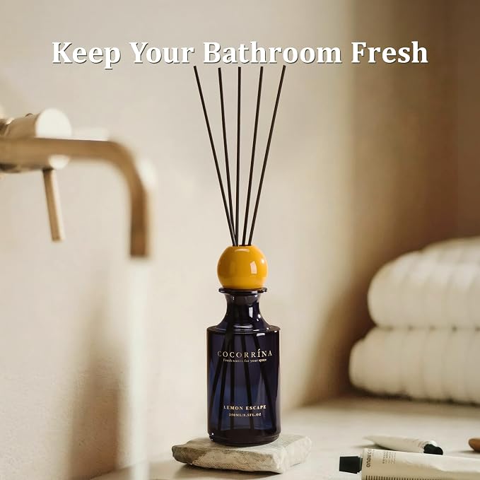 COCORRÍNA Lemon Escape Reed Diffuser 8.5 oz, Home Fragrance Oil Diffuser with 6 Reed Sticks, Long-Lasting Scent for Bathroom, Bedroom & Home Décor