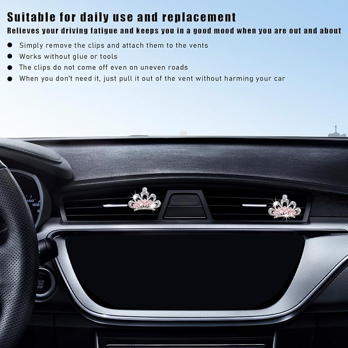 Augeny 2PCS Bling Car Air Vent Clips, Crystal Rhinestone Crown Air Freshener Outlet Diffuser Clip, Auto Air Conditioning Clip Charm for Women Girls, Interior Decor Car Accessories (Pink)