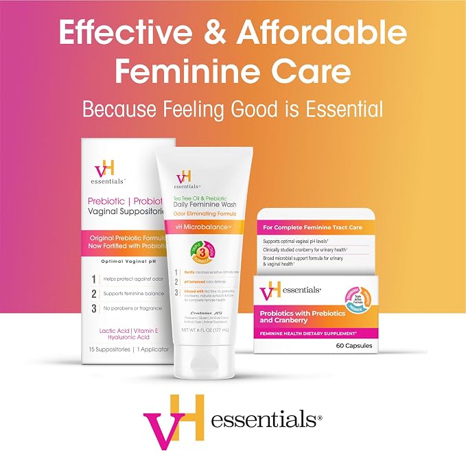 vH essentials Daily Feminine Wash - 10 Fl Oz - Odor Eliminating Vaginal Wash with Tea Tree Oil,Prebiotics and Cranberry,gentle cleanser + pH balancing,(Pack of 2)