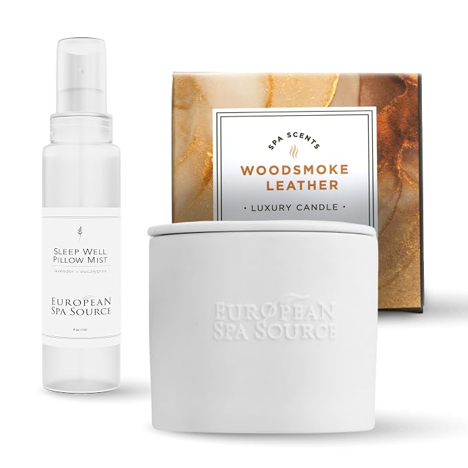 European Spa Source Woodsmoke Tranquility Bundle: SleepWell Eucalyptus + Lavender Pillow Spray & Woodsmoke + Leather Candle, 4 Fl Oz