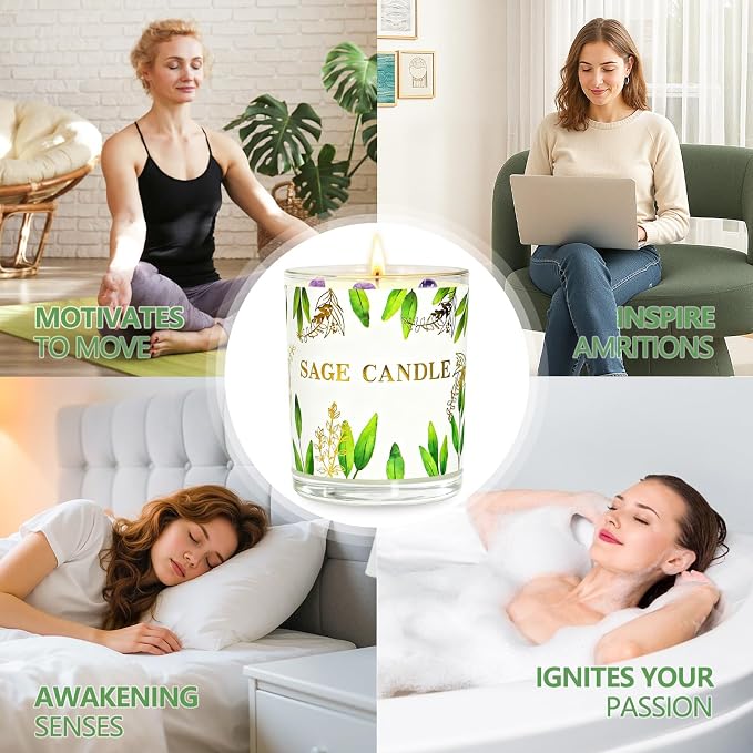 Candles, 3 Pack Sage Candle for Cleansing House Negative Energy, Scented Candles Gifts Set for Women, Crystal Candle Clearance with Crystal Healing Stones, Alternative to Smudge Sticks, Relax & Mind