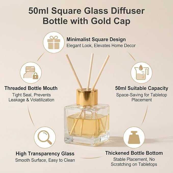 2PCS 50ml/1.7oz Empty Clear Glass Diffuser Jars with Gold Cap Small Square-Shaped Essential Oil Container Fragrance Accessories Use for DIY Replacement Set