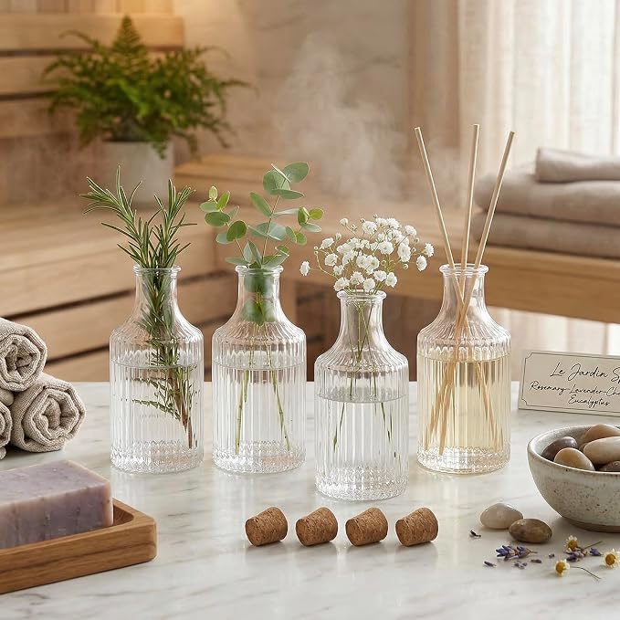 MyGift Small Clear Glass Reed Diffuser Bottles with Cork Lids, Vintage Fluted Flower Bud Vase Style, Refillable Home Fragrance Containers, Set of 4
