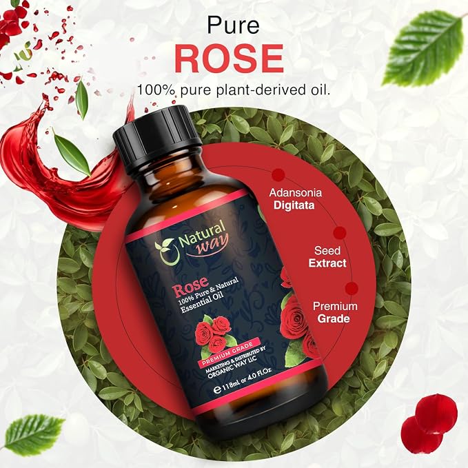 Rose Essential Oil | Pure Aromatherapy Oil for Diffusers, Hair Growth, Skin, Scalp Care, Massage | Refreshing Hair Oil for Women & Men | Natural Essential Oil for Diffuser | 4 Fl Oz (120 mL)
