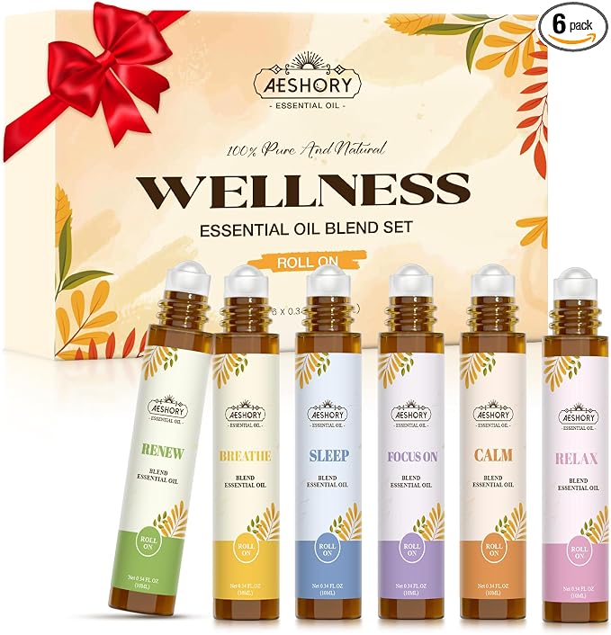 Essential Oils Roll On Set,Gifts for Father & Husband (Calm, Relax, Breathe, Focus on, Sleep, Renew), Natural Aromatherapy Oil Blend Kit with Roller Ball for Massage, Body Skin Care, Relaxation Gift