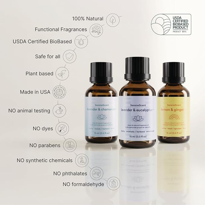 Homedics SereneScent Cold Air Diffuser Oil Set, 3 Pack x 15ml Wellness Discovery Set, Aromatherapy Oils Blends, Spa Scents, USDA Biobased Home Fragrance Oils for Waterless Diffusers
