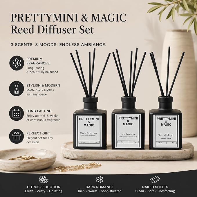 PRETTYMINI & MAGIC Reed Diffuser Set – Bohemian Rose + White Orris & Sandalwood Home Fragrance, Long-Lasting Reed Diffusers for Home Fragrance with Sticks for Bedroom, Bathroom & Shelf Décor – 100g