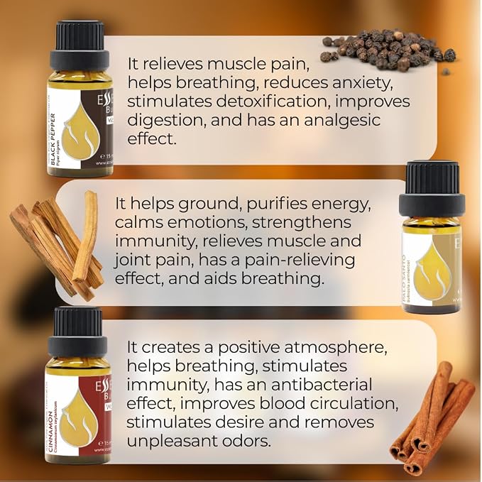 Set Inner Balance Organic Essential Oils |1.18 Fl Oz | Cinnamon (15ml) + Black Pepper (15ml)+ Palo Santo (5ml) | 100% Pure and Natural | Undiluted | Therapeutic Grade | Non-GMO | 3 pcs