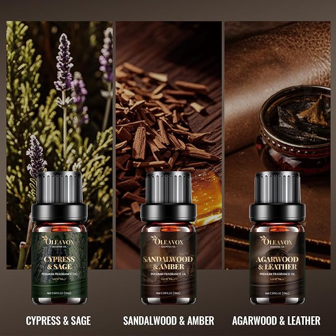 Men Essential Oils Gift Set, Premium Fragrance Oil for Diffusers for Home, Candle & Soap Scents,Agarwood & Leather,Tobacco & Vanilla, Sandalwood & Amber, Cypress & Sage, Rum & Musk,Cedarwood & Oud